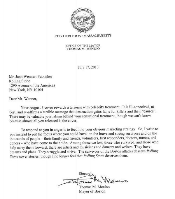 Boston Mayor, Thomas M. Menino to editors of R.S.M...