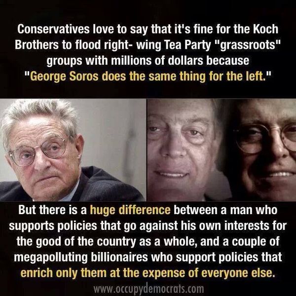 Soros's does not donate more than the Kochs . Less...