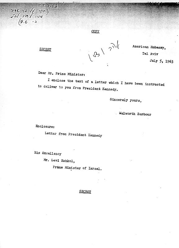 JFK's letter to Israeli prime minister Eshkol...