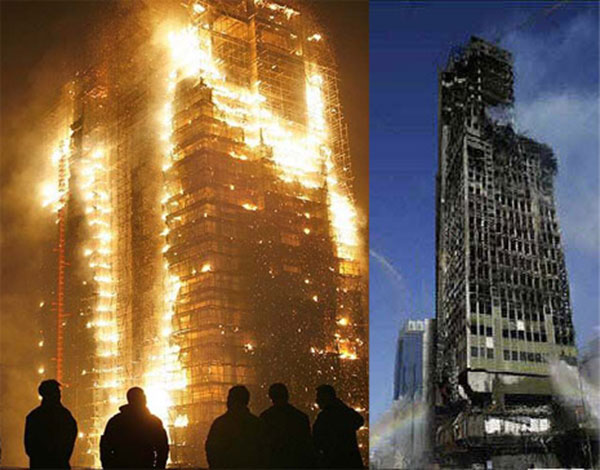This is a building consumed in flames. It did not ...