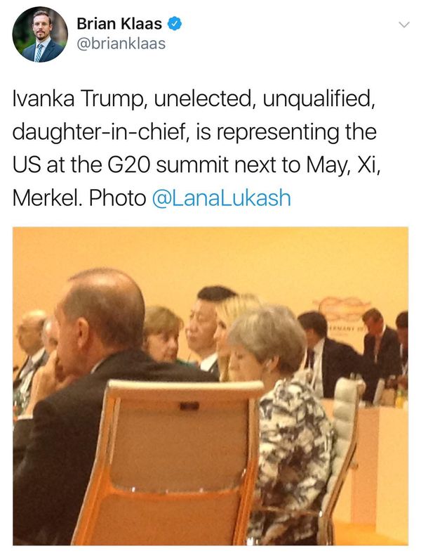 Ivanka sits in for Frumpfass at G20. Booby just fi...
