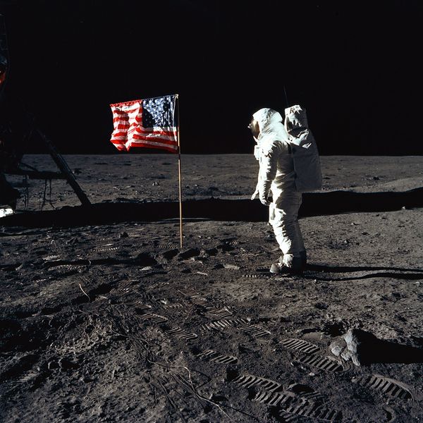 Apollo 11 LEM pilot Buzz Aldrin salutes the flag. ...