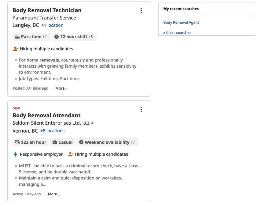 Really! A “Body Removal Agent” job description for Vancouver CA You've