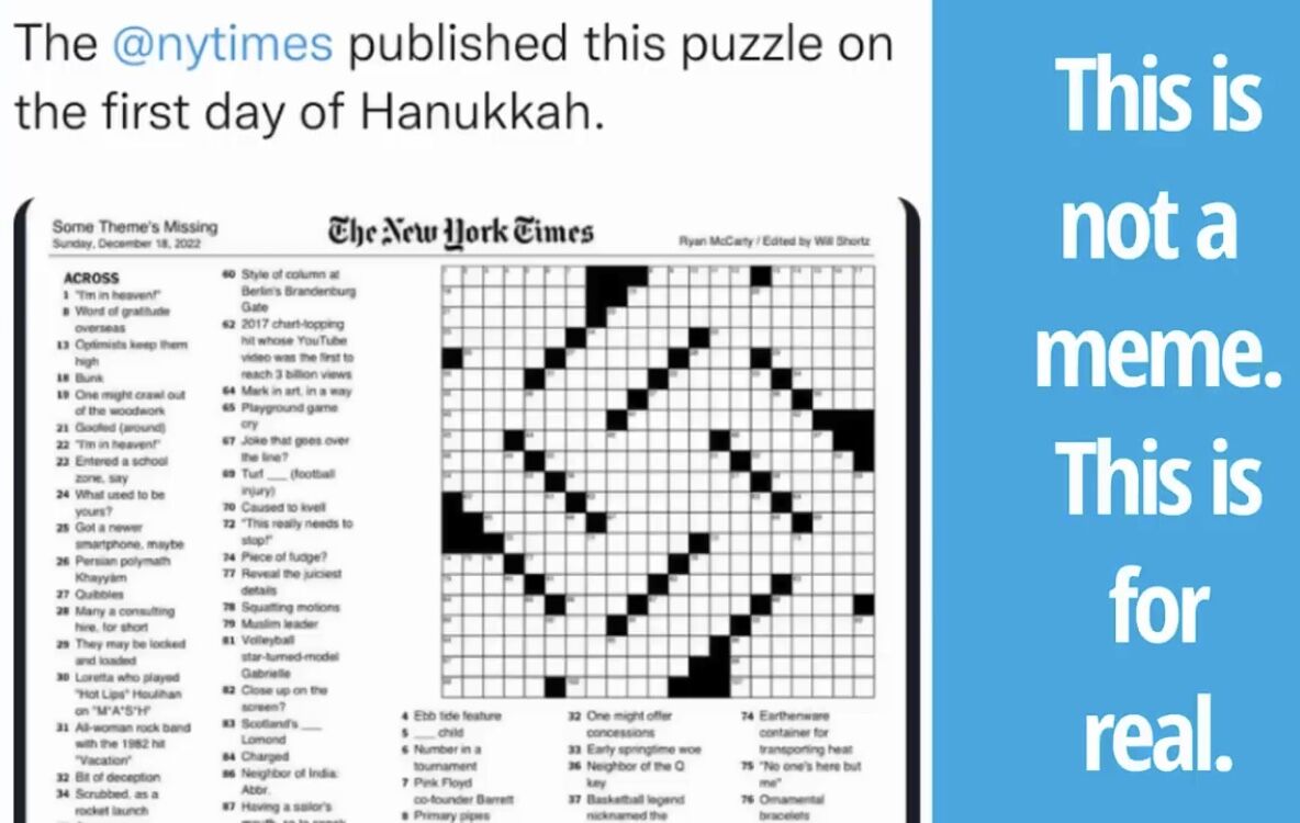 NYT Sunday crossword puzzles readers with swastika shape on Hanukkah