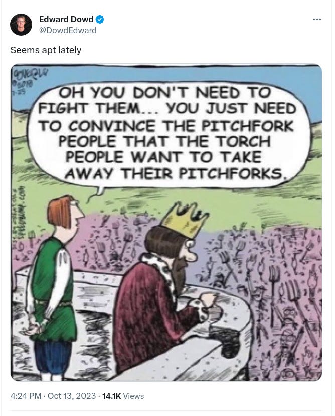 Uniparty Politics Divide them and win the pitchfork v**es.